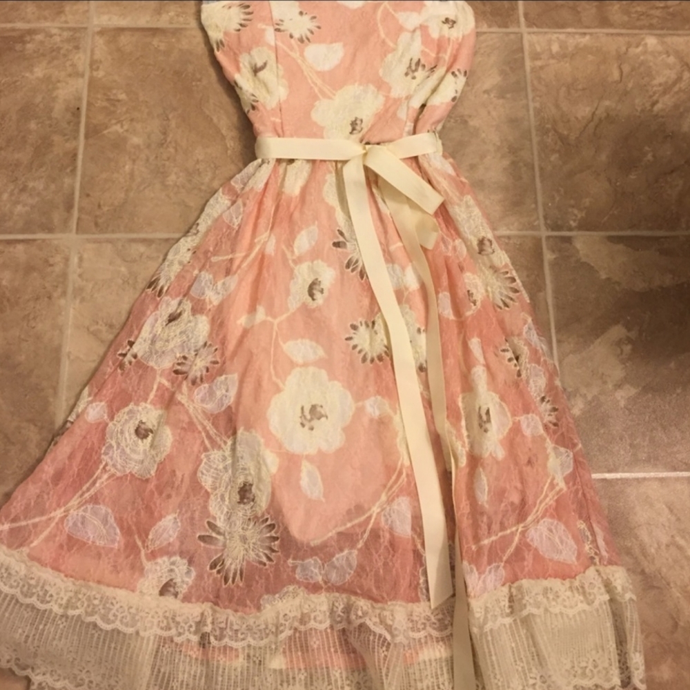 Pink Floral Strapless Dress Small